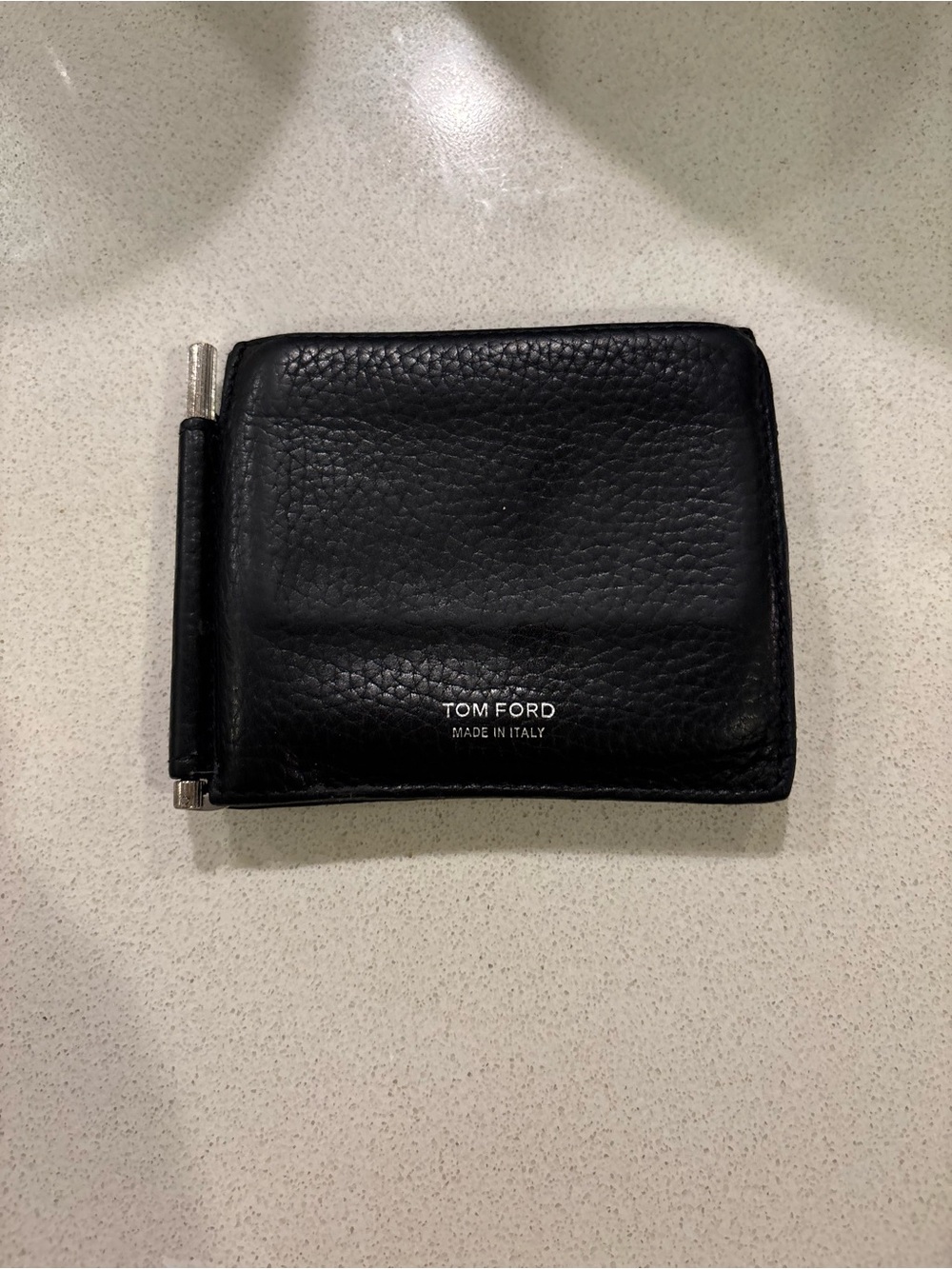 Tom Ford Black Pebbled Leather Money Clip Wallet with Silver Clip